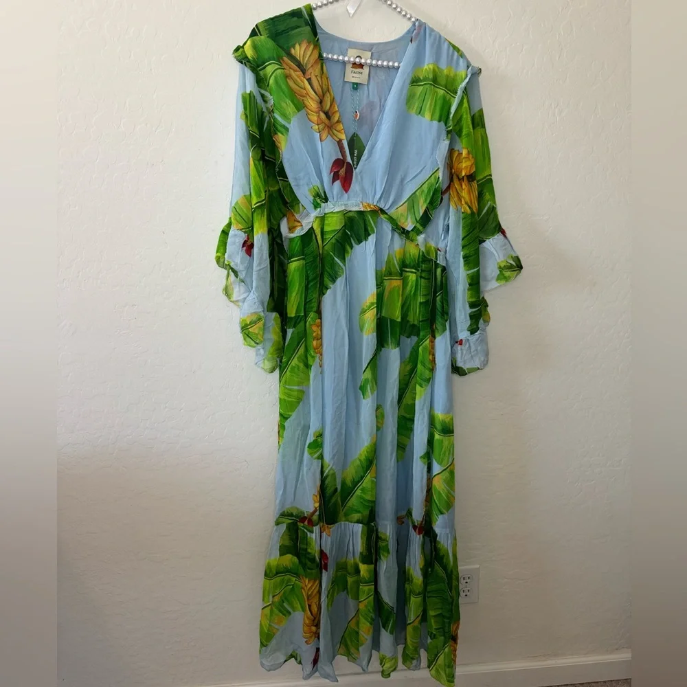 FARM Rio Fresh Bananas Maxi Dress with Green Tropical Leaf Print - Picture 3 of 9